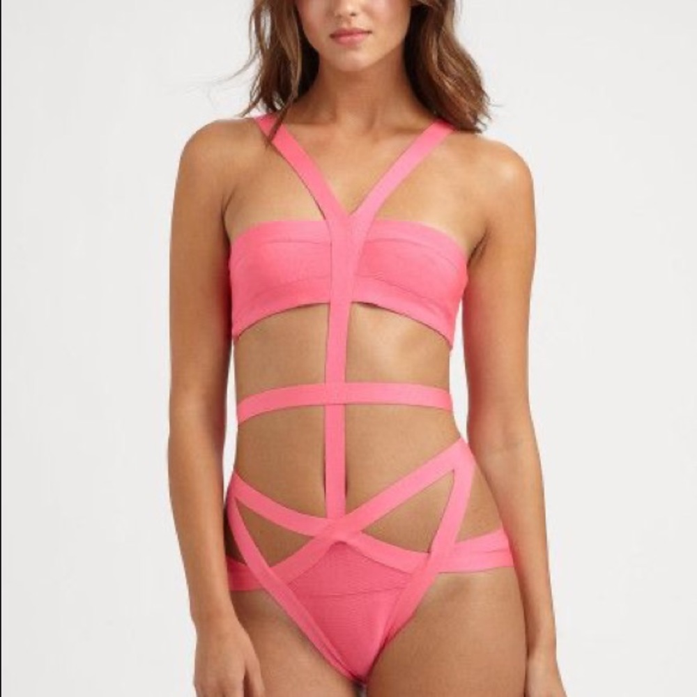 Herve Leger pink bathing suit